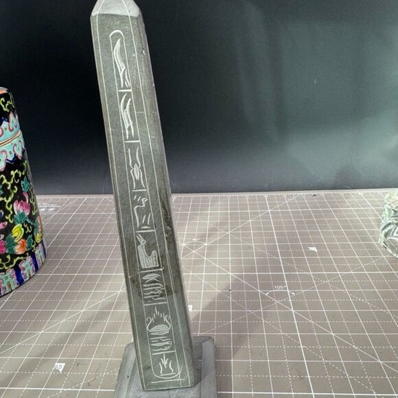 Egyptian Style Obelisk Figurine With Hieroglyphs Stone Material 9 1/4" Tall Home - Picture 2 of 4